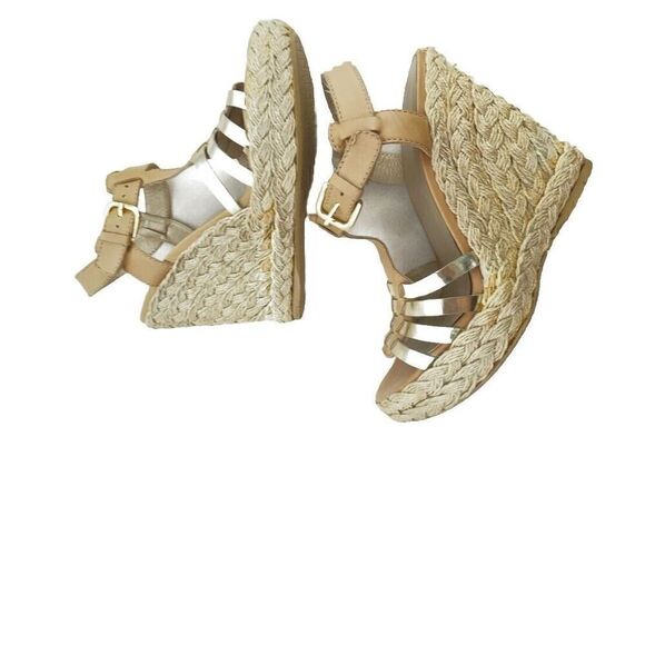 Stuart Weitzman Espadrilles Wedge Heels 5.5M Tan Gold Leather T-Strap Huarache - Picture 7 of 10